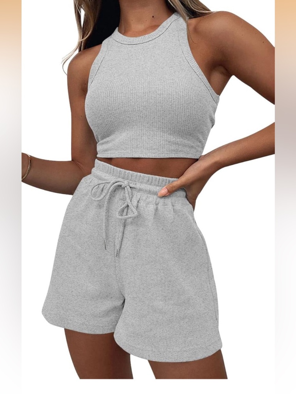 Women's Ribbed Drawstring Athletic Shorts in Light Gray